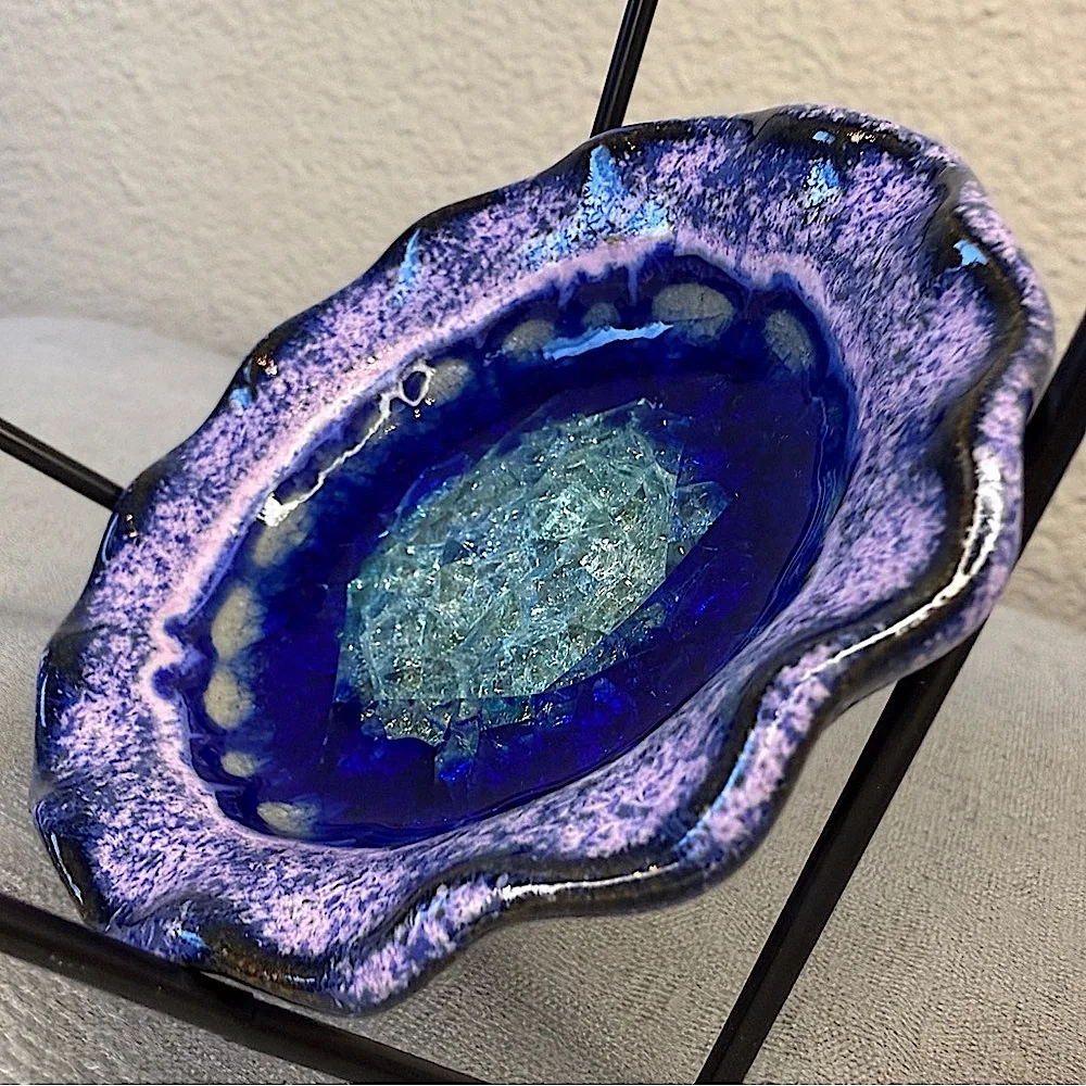 Trinket Dish - Fused Glass Art Pottery Purple/Blue Dish - USA, Down To Earth - Picture 15 of 16